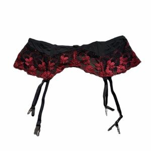 90s Y2K European Vintage Floral Embroidered Garter Belt (Red/Black) Size XL